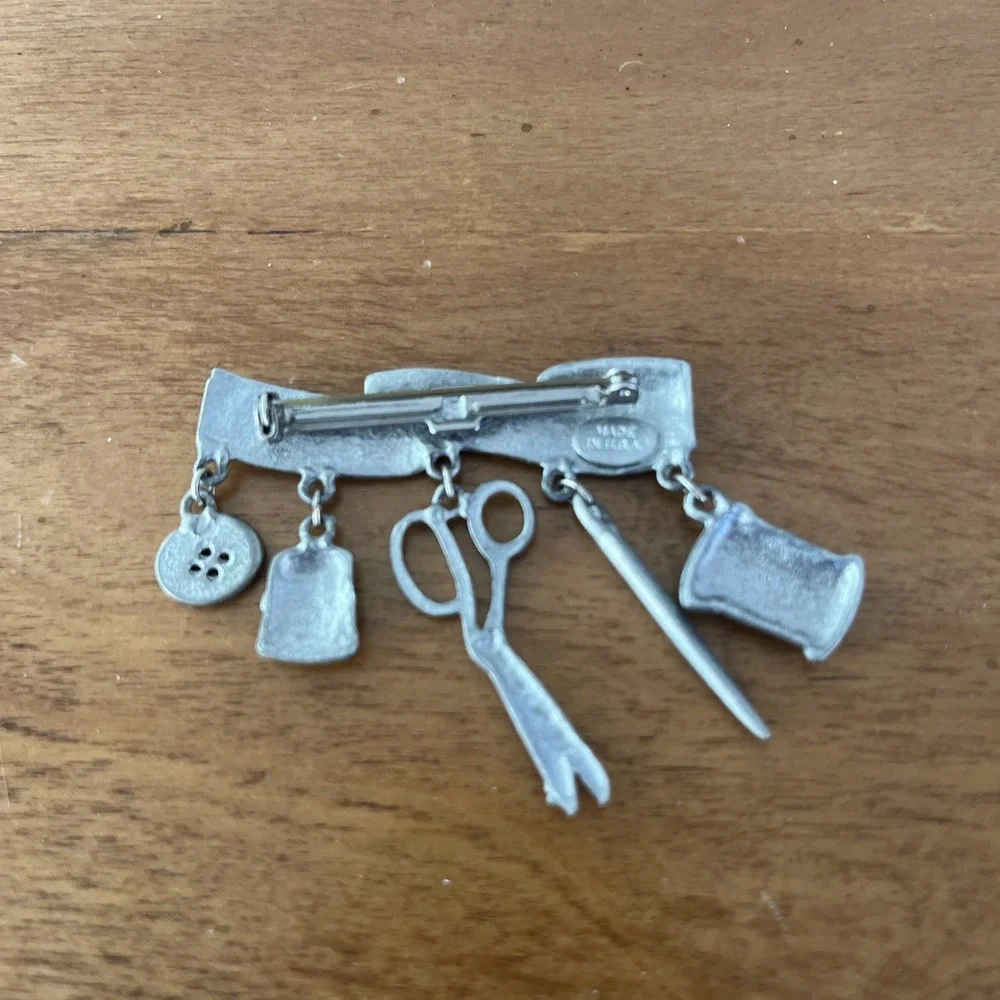 Vintage JJ Pewter Pin Brooch Sewing Charms Spool Thimble Needle Button Scissors